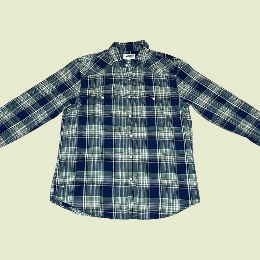 NEW Lucky Brand Mens Lucky Indigo Western Plaid Pearl Snap Shirt Green Blue (S)